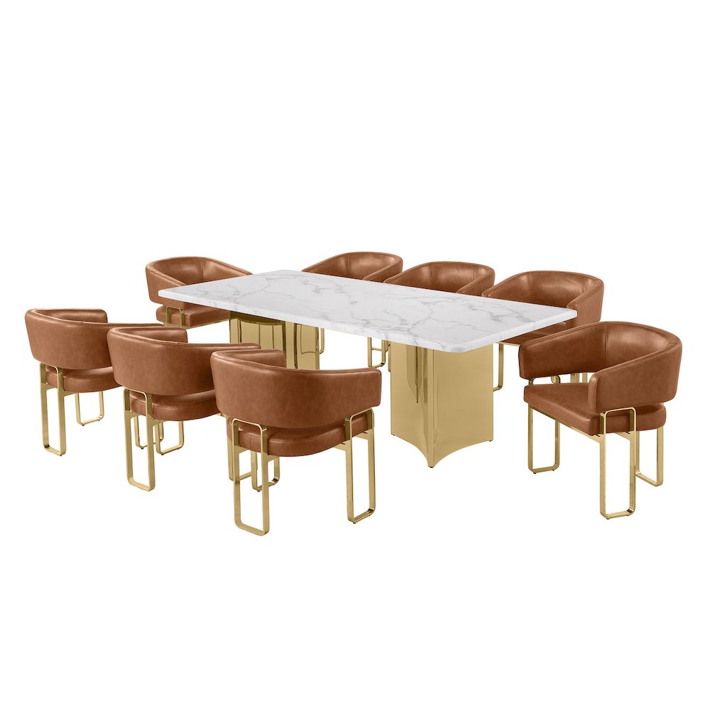 9pc Dining Table Set with White Marble Top with 8 Toffee Leathaire Fabric Chair
