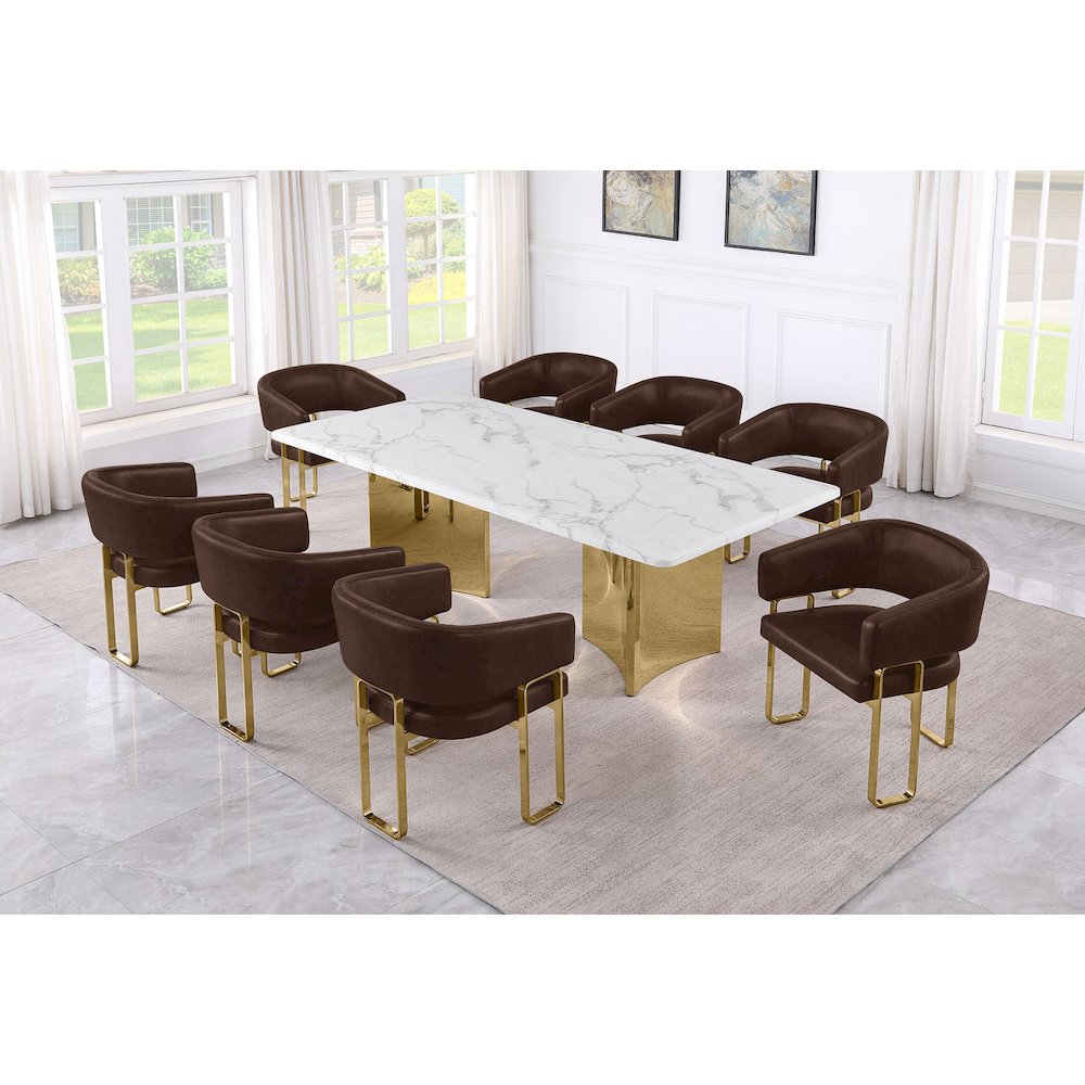 9pc Dining Table Set with White Marble Top with 8 Espresso Leathaire Chair