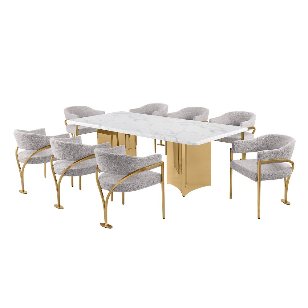 9pc 38mm Marble Top Dining Set Rich Gray Chiars Gold Base