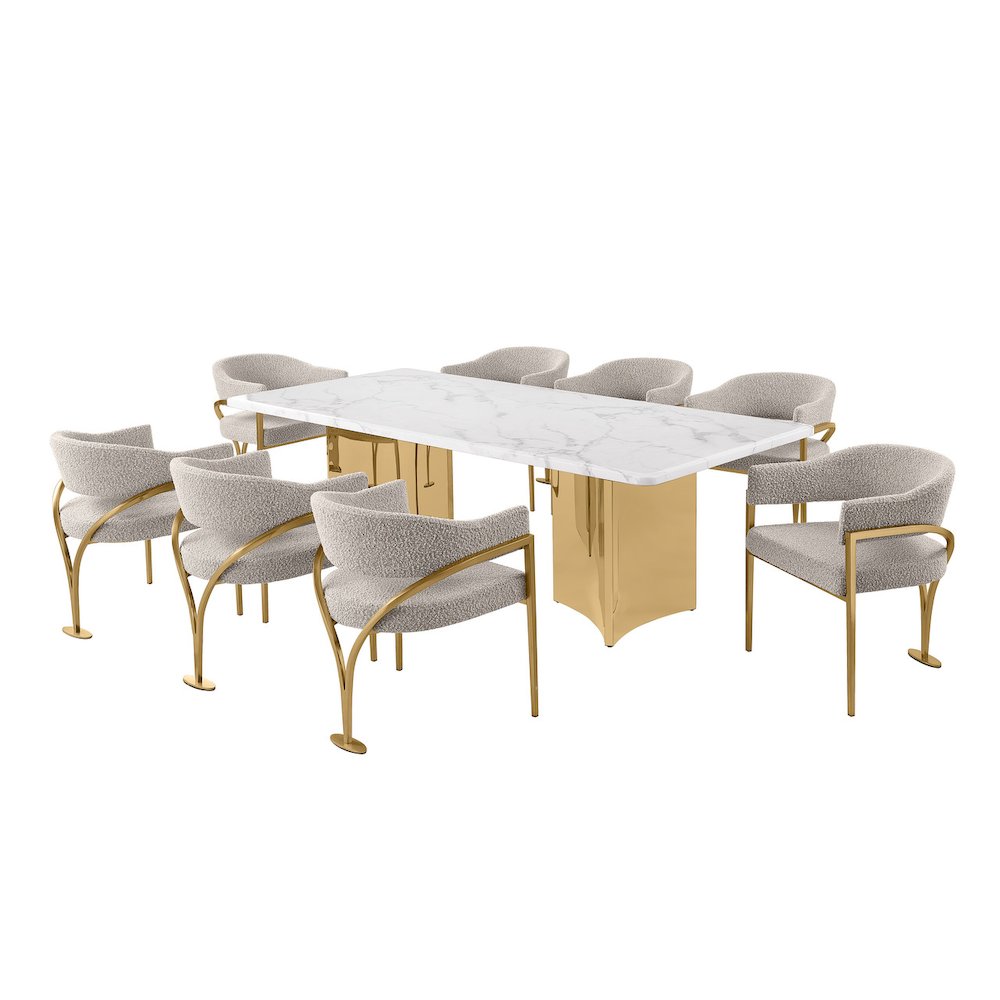 9pc 38mm Marble Top Dining Set Gray Chiars Gold Base