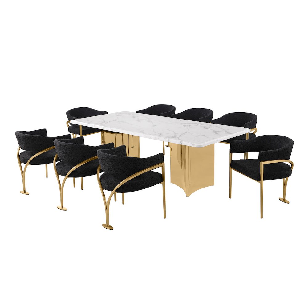 9pc 38mm Marble Top Dining Set Black Chiars Gold Base