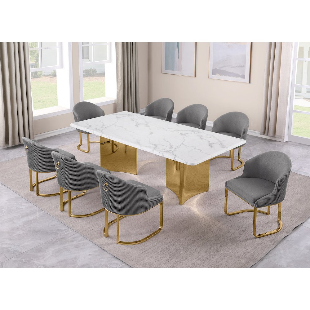 9pc Rectangular Dining Table Set with White Marble Top and Dark Gray Chairs
