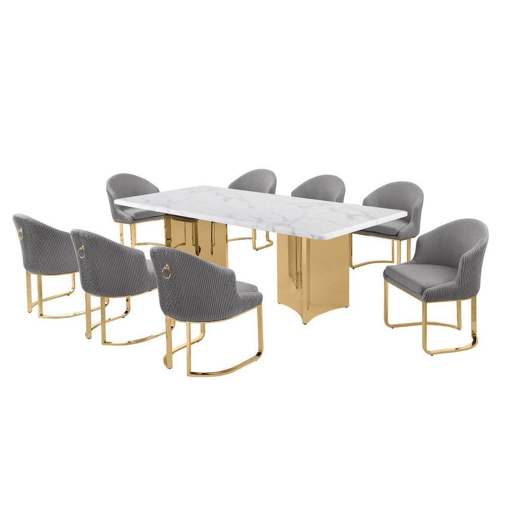 9pc Rectangular Dining Table Set with White Marble Top and Dark Gray Chairs