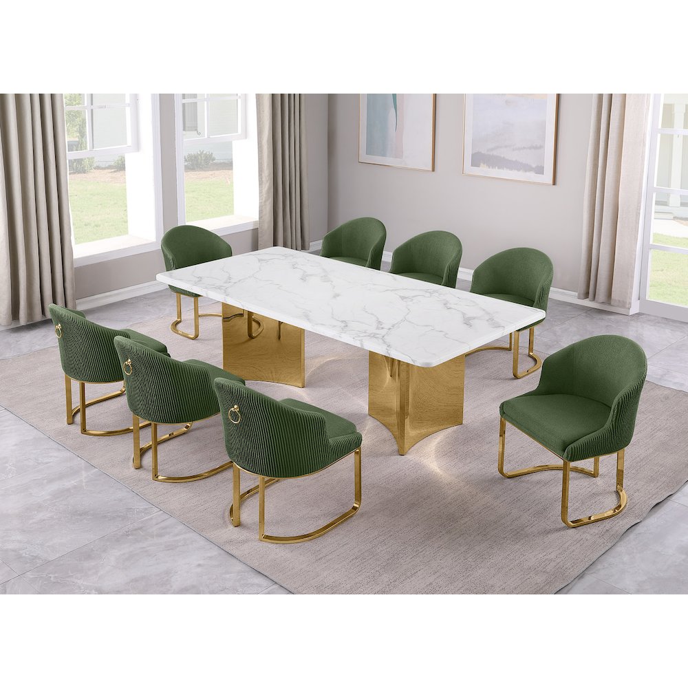 9pc Rectangular Dining Table Set with White Marble Top and Green Chairs