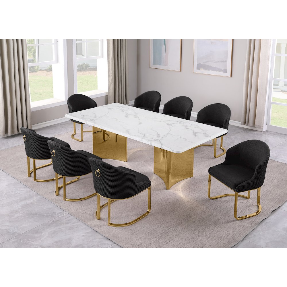 9pc Rectangular Dining Table Set with White Marble Top and Black Chairs