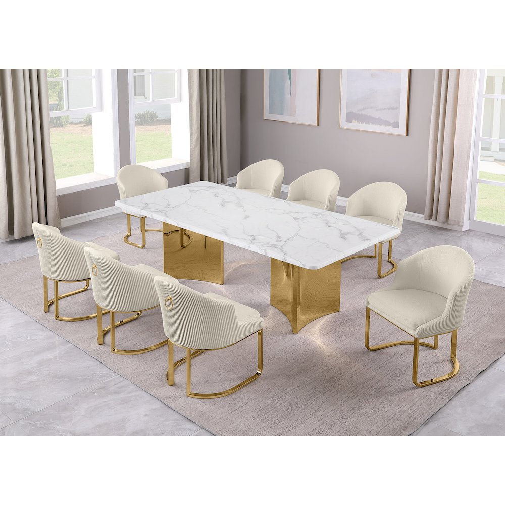 9pc Rectangular Dining Table Set with White Marble Top and Cream Chairs