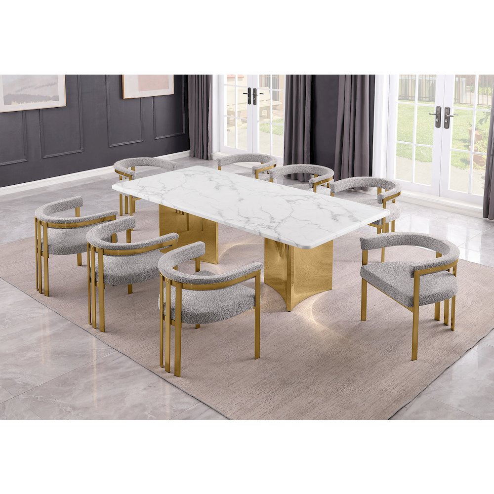 9pc Rectangular White Marble Top with 8 Rich Gray Boucle Fabric Chairs Gold Base
