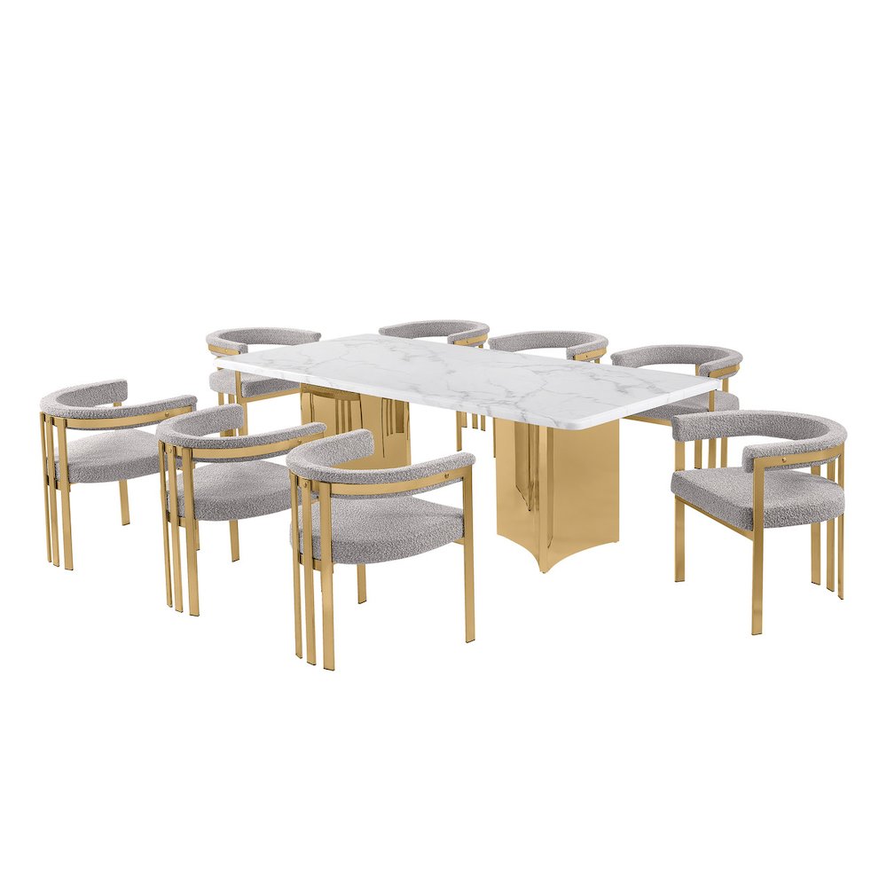 9pc Rectangular White Marble Top with 8 Rich Gray Boucle Fabric Chairs Gold Base
