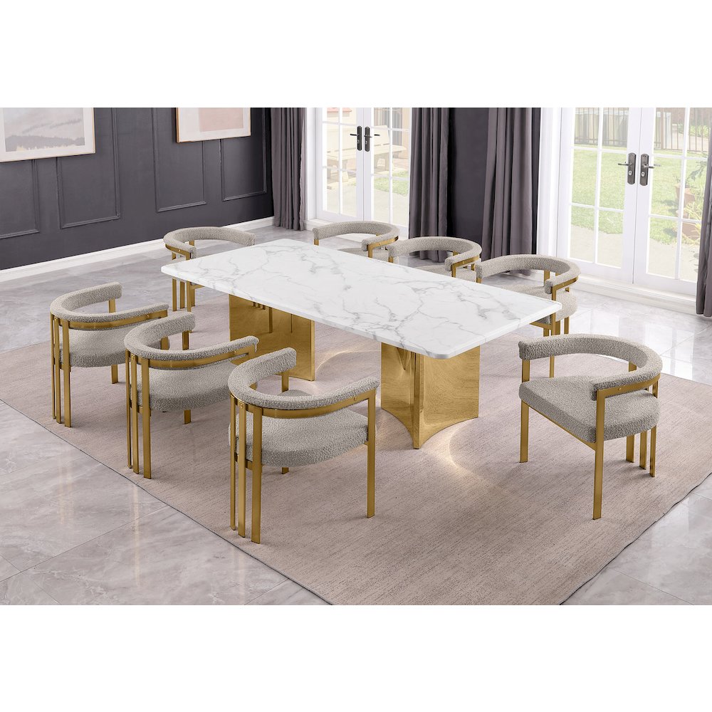 9pc Rectangular White Marble Top with 8 Gray Boucle Fabric Chairs Gold Base