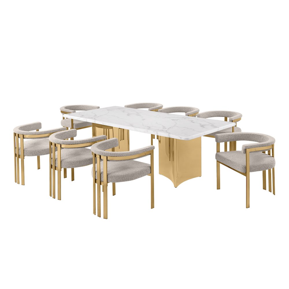 9pc Rectangular White Marble Top with 8 Gray Boucle Fabric Chairs Gold Base
