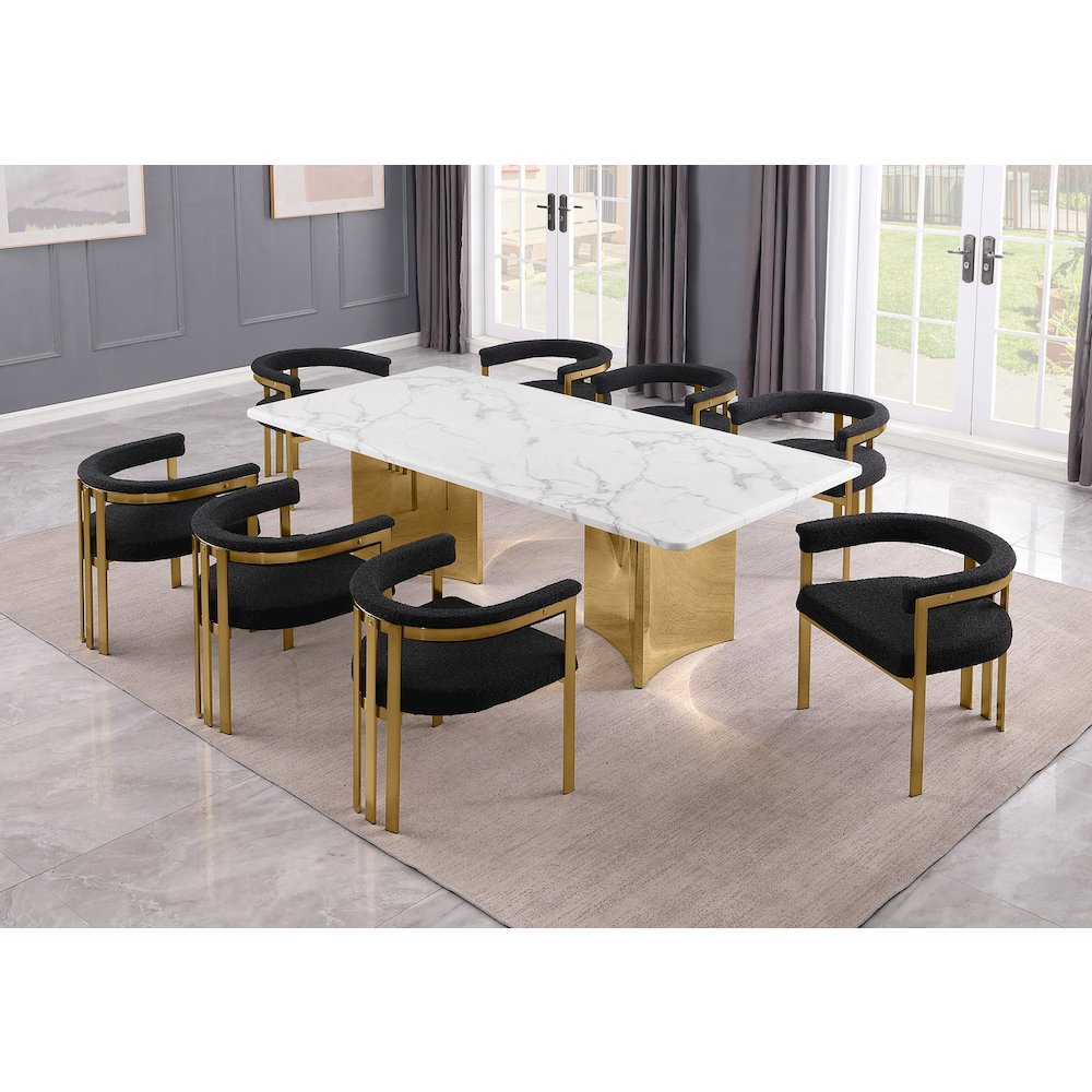 9pc Rectangular White Marble Top with 8 Black Boucle Fabric Chairs Gold Base