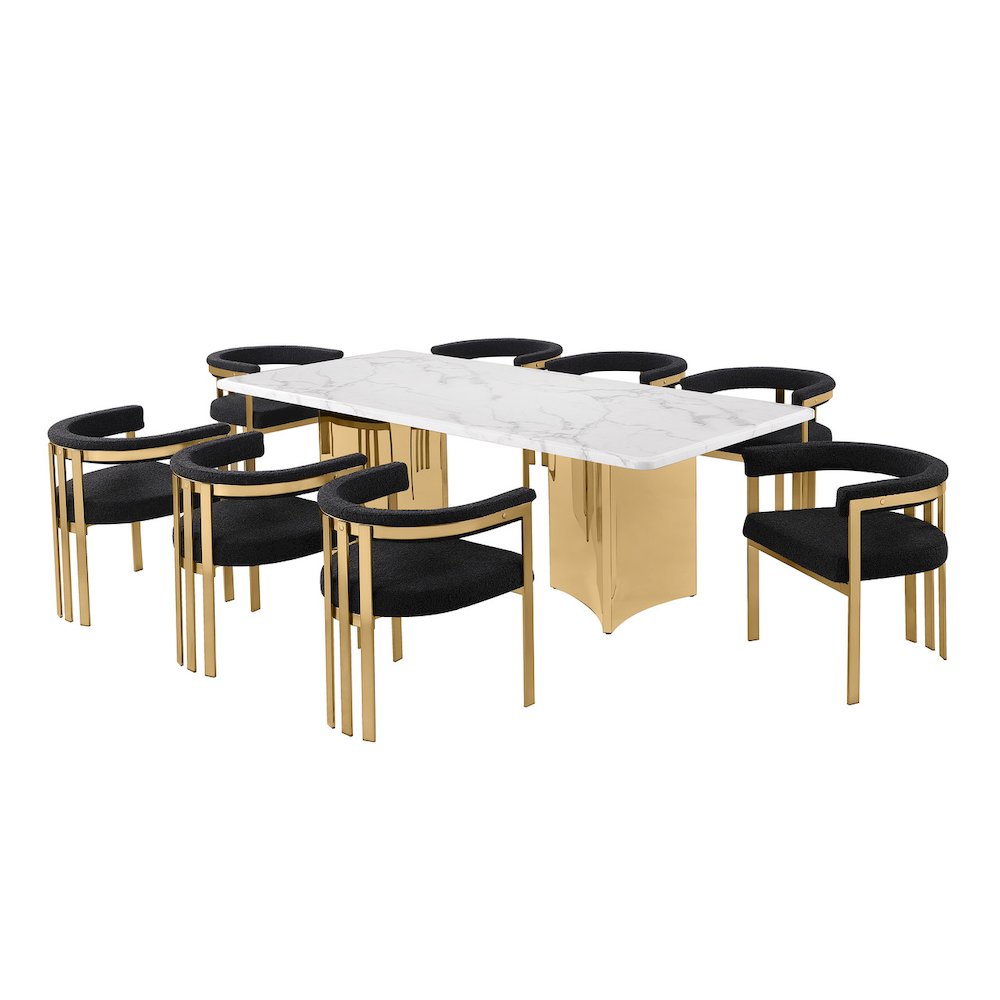 9pc Rectangular White Marble Top with 8 Black Boucle Fabric Chairs Gold Base
