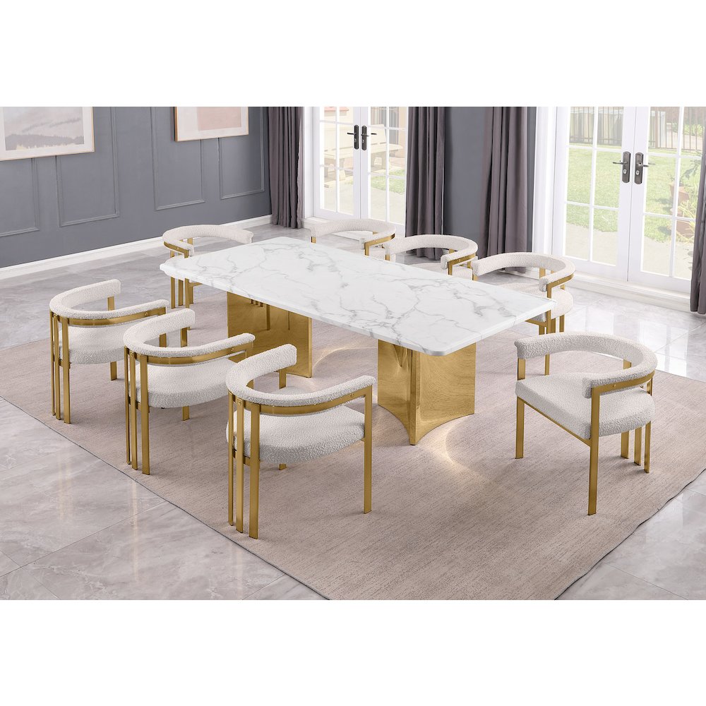 9pc Rectangular White Marble Top with 8 Cream Boucle Fabric Chairs Gold Base