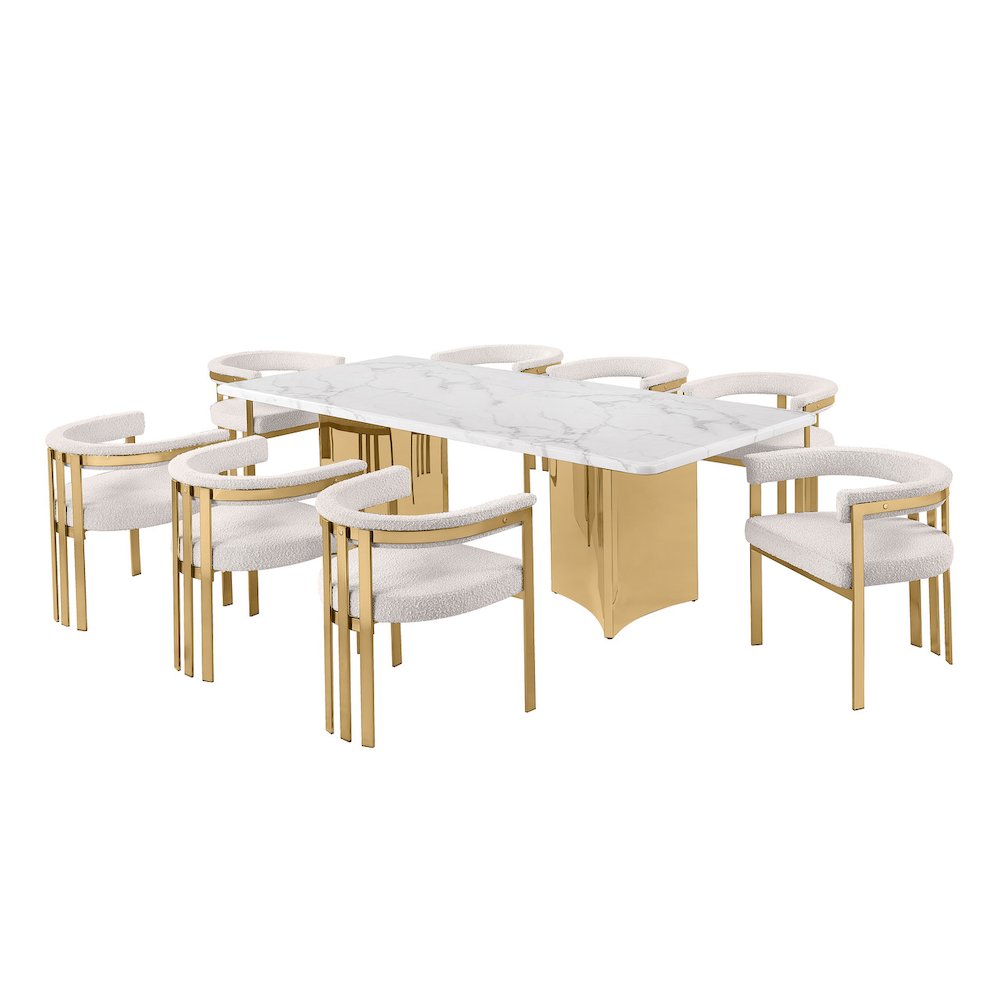 9pc Rectangular White Marble Top with 8 Cream Boucle Fabric Chairs Gold Base