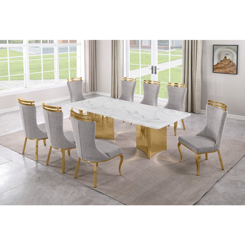 9pc Rectangular White Marble Top with 8 Rich Gray Boucle Fabric Chairs Gold Base