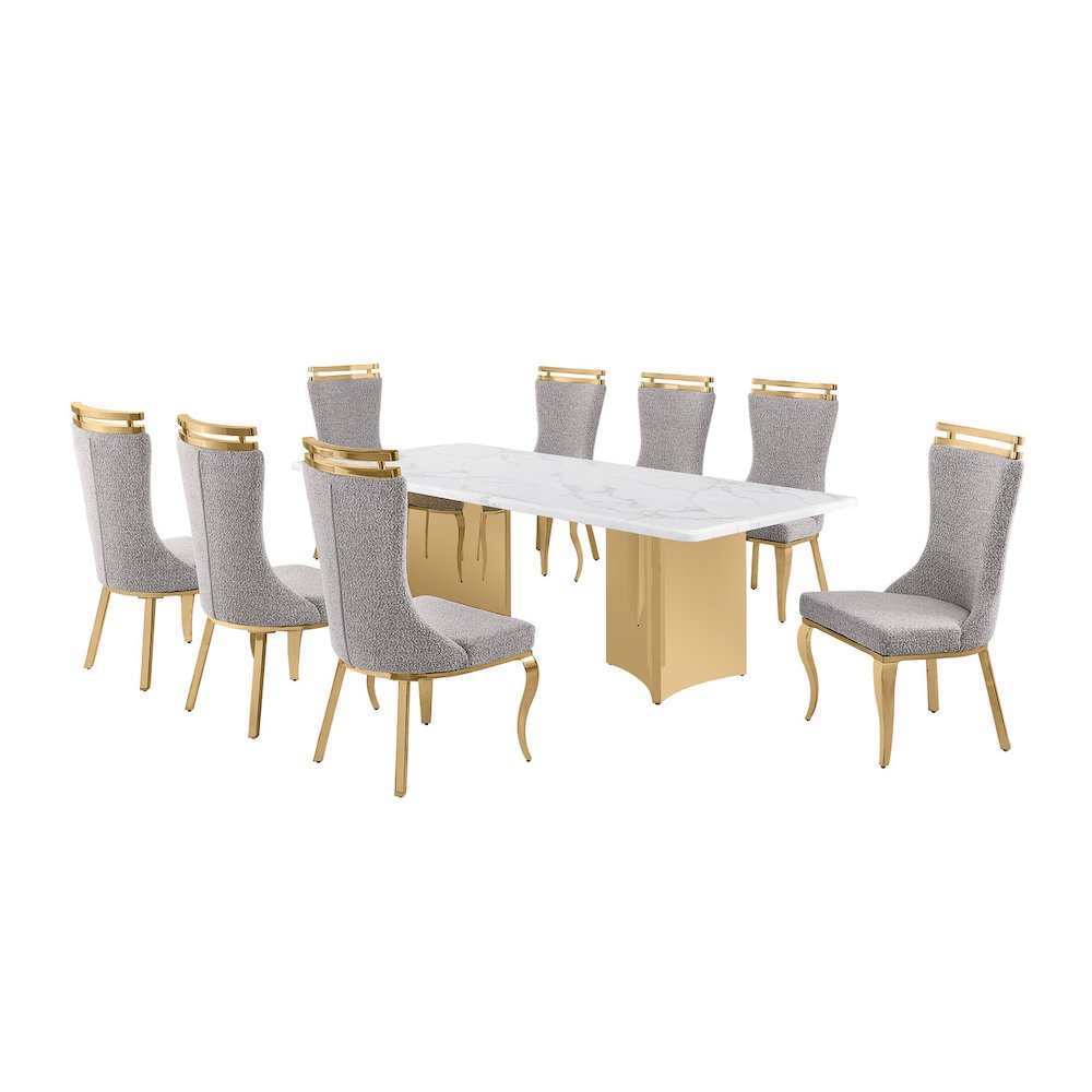 9pc Rectangular White Marble Top with 8 Rich Gray Boucle Fabric Chairs Gold Base