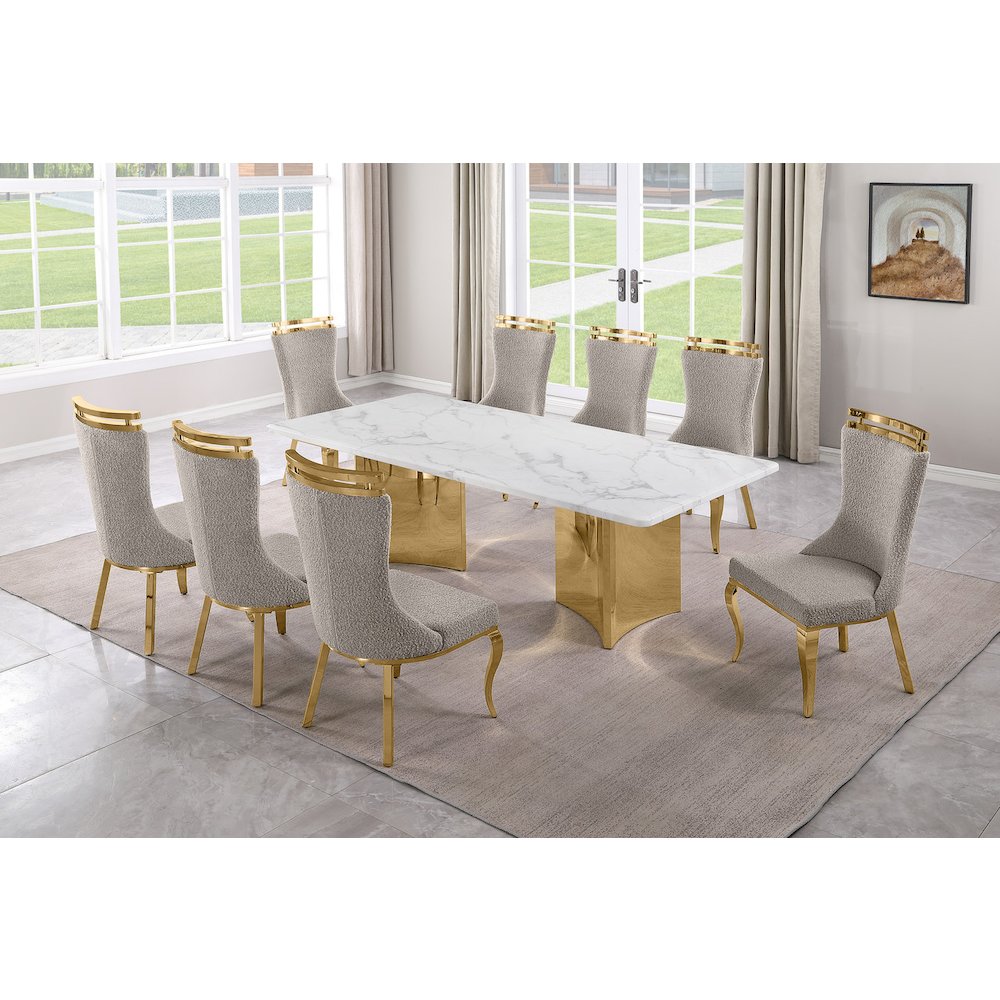 9pc Rectangular White Marble Top with 8 Gray Boucle Fabric Chairs Gold Base