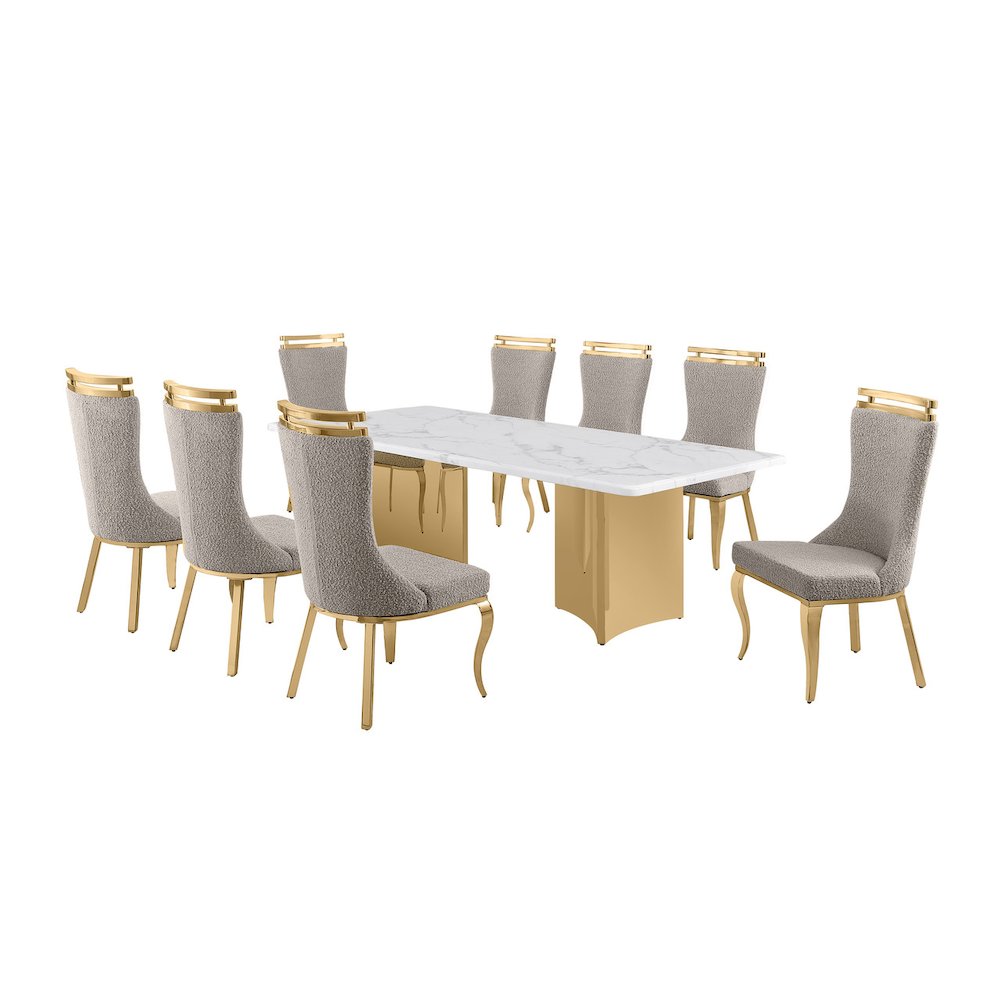9pc Rectangular White Marble Top with 8 Gray Boucle Fabric Chairs Gold Base