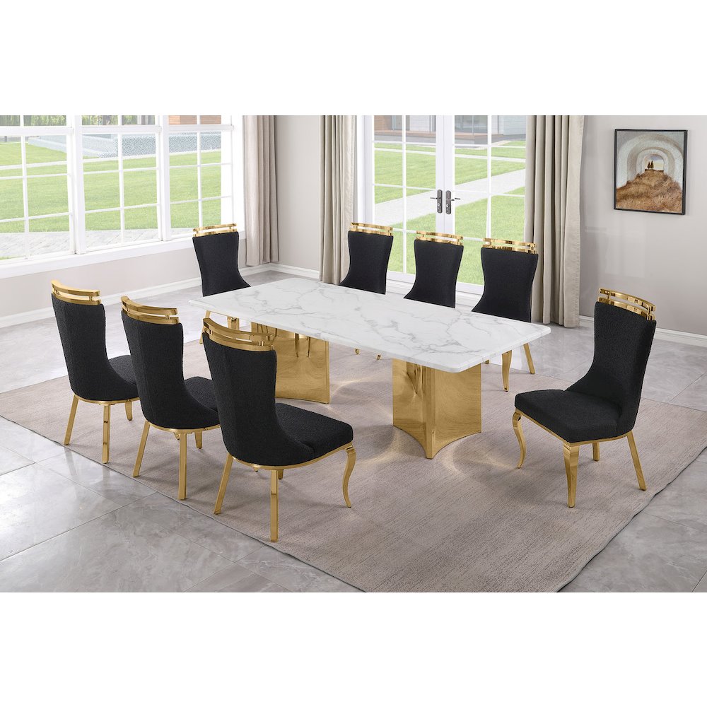 9pc Rectangular White Marble Top with 8 Black Boucle Fabric Chairs Gold Base