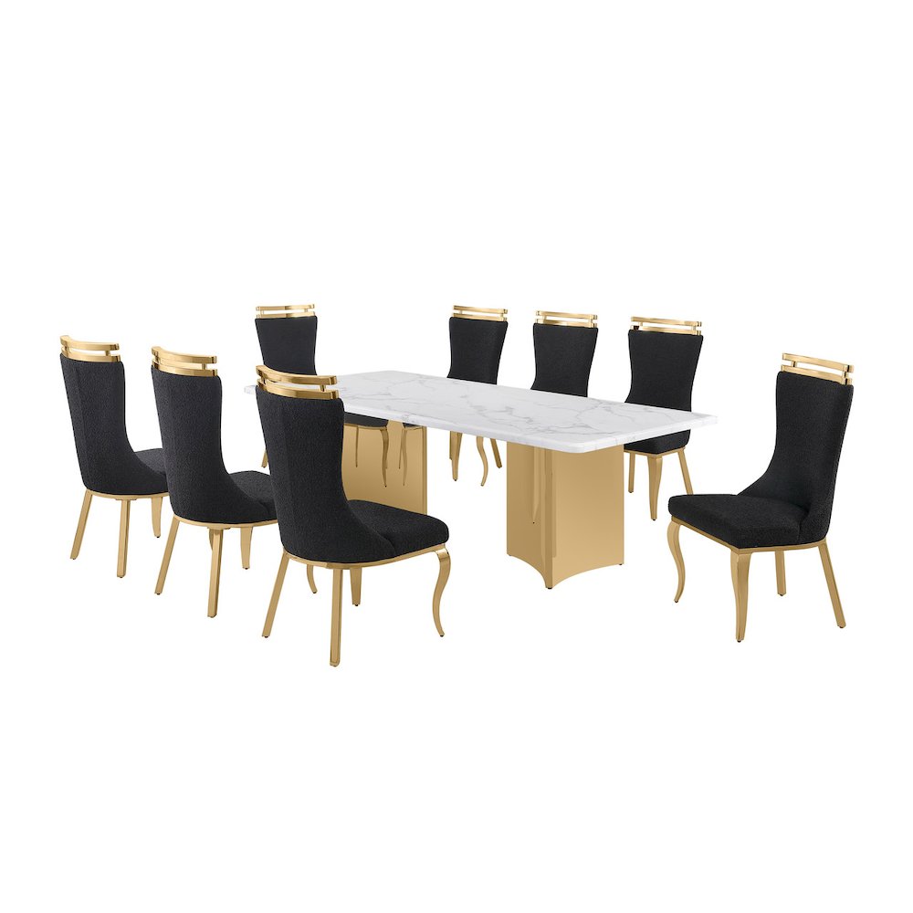 9pc Rectangular White Marble Top with 8 Black Boucle Fabric Chairs Gold Base