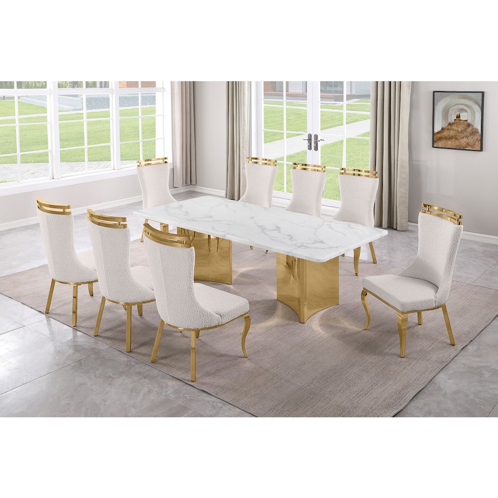 9pc Rectangular White Marble Top with 8 Cream Boucle Fabric Chairs Gold Base