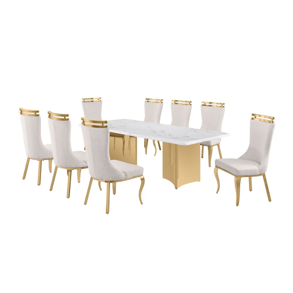 9pc Rectangular White Marble Top with 8 Cream Boucle Fabric Chairs Gold Base