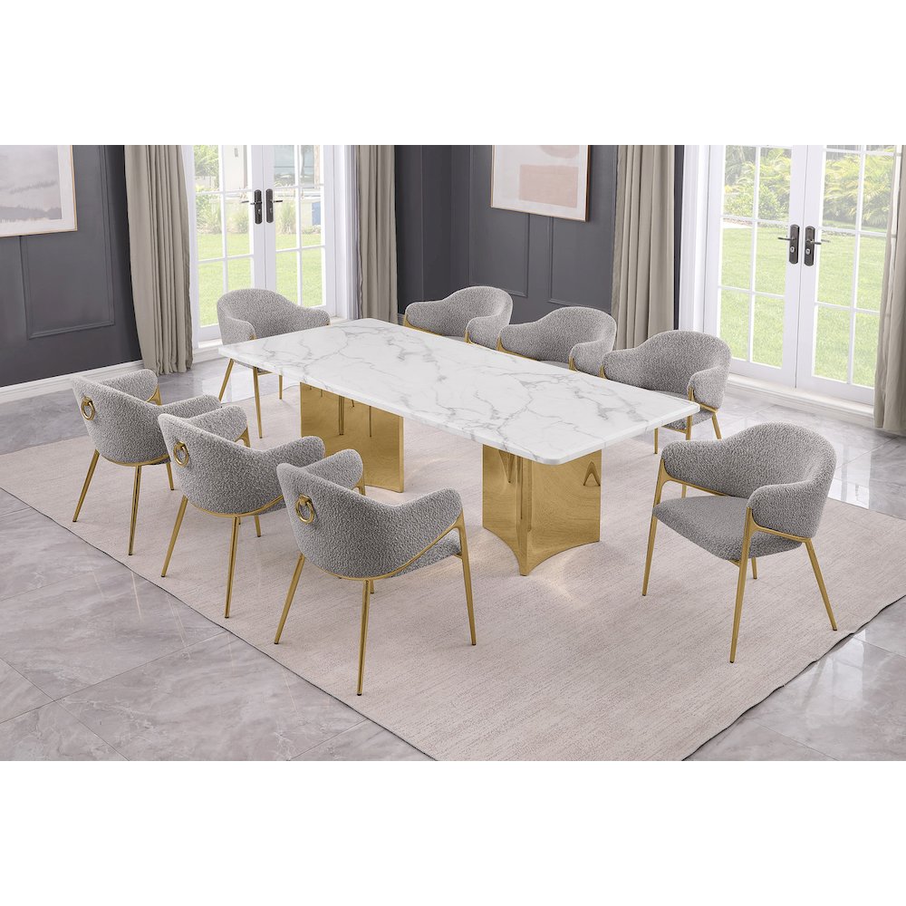 9pc Rectangular White Marble Top with 8 Rich Gray Boucle Fabric Chairs Gold Base