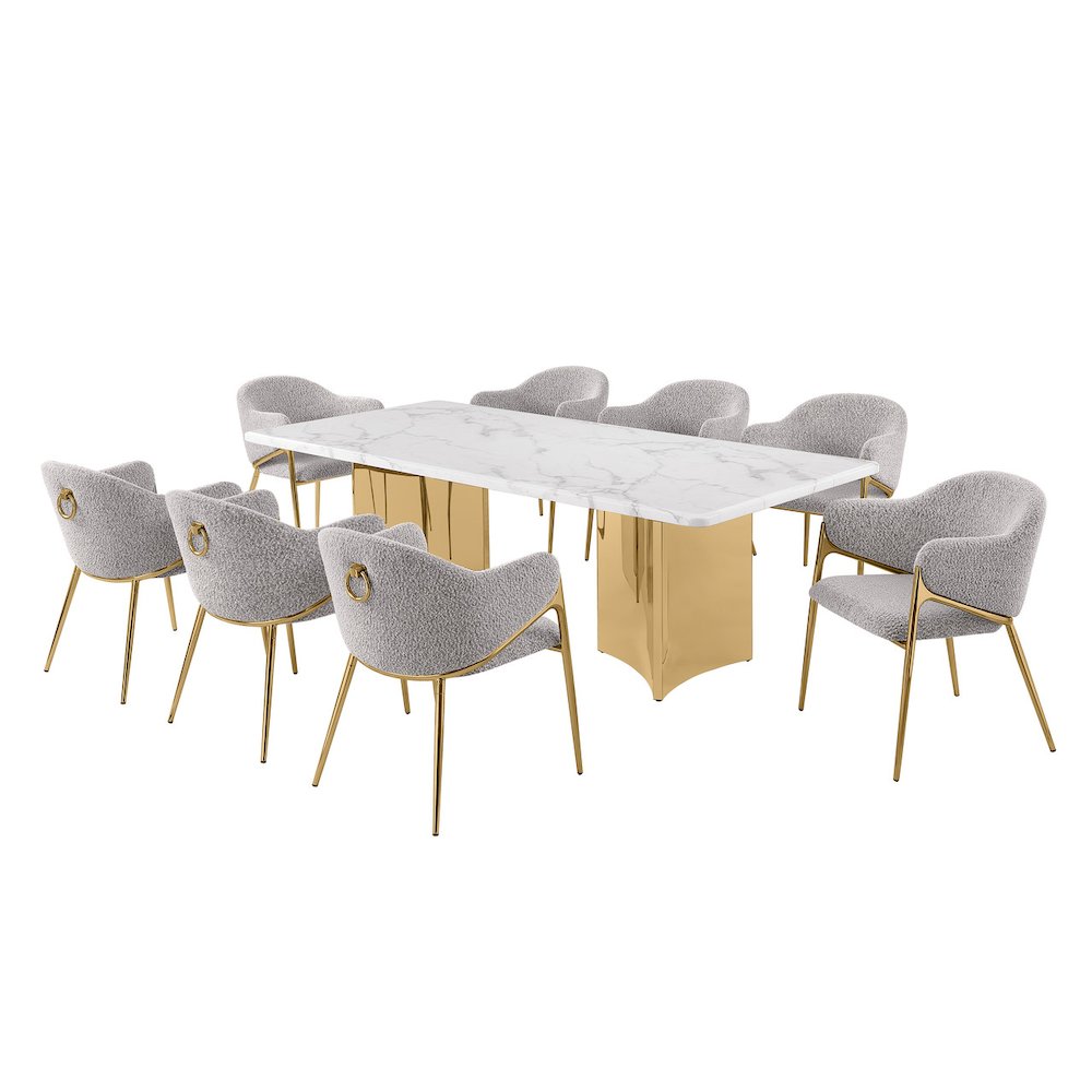9pc Rectangular White Marble Top with 8 Rich Gray Boucle Fabric Chairs Gold Base