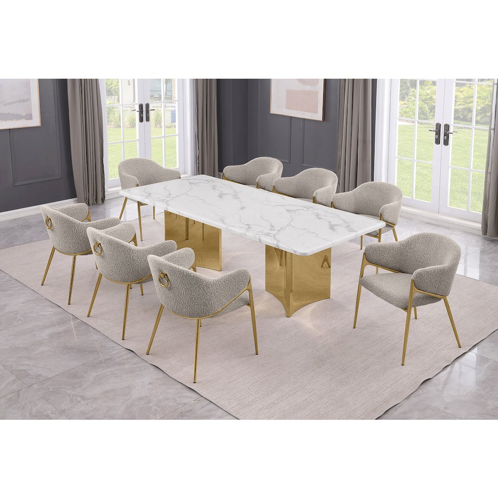 9pc Rectangular White Marble Top with 8 Gray Boucle Fabric Chairs Gold Base