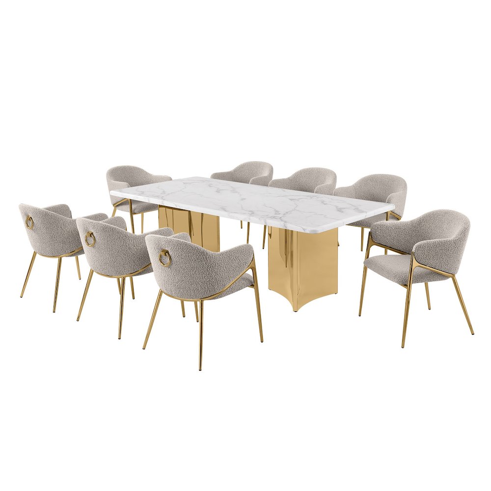 9pc Rectangular White Marble Top with 8 Gray Boucle Fabric Chairs Gold Base
