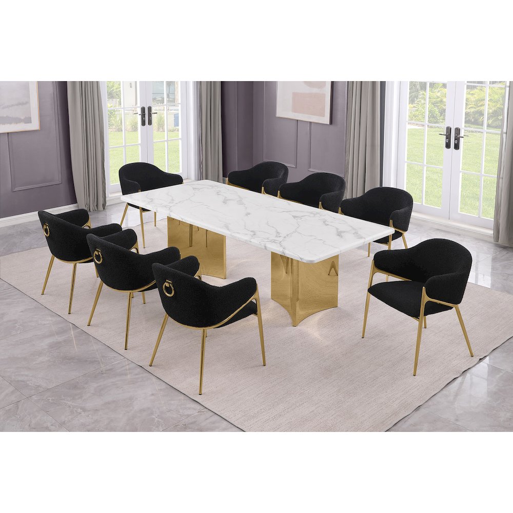 9pc Rectangular White Marble Top with 8 Black Boucle Fabric Chairs Gold Base