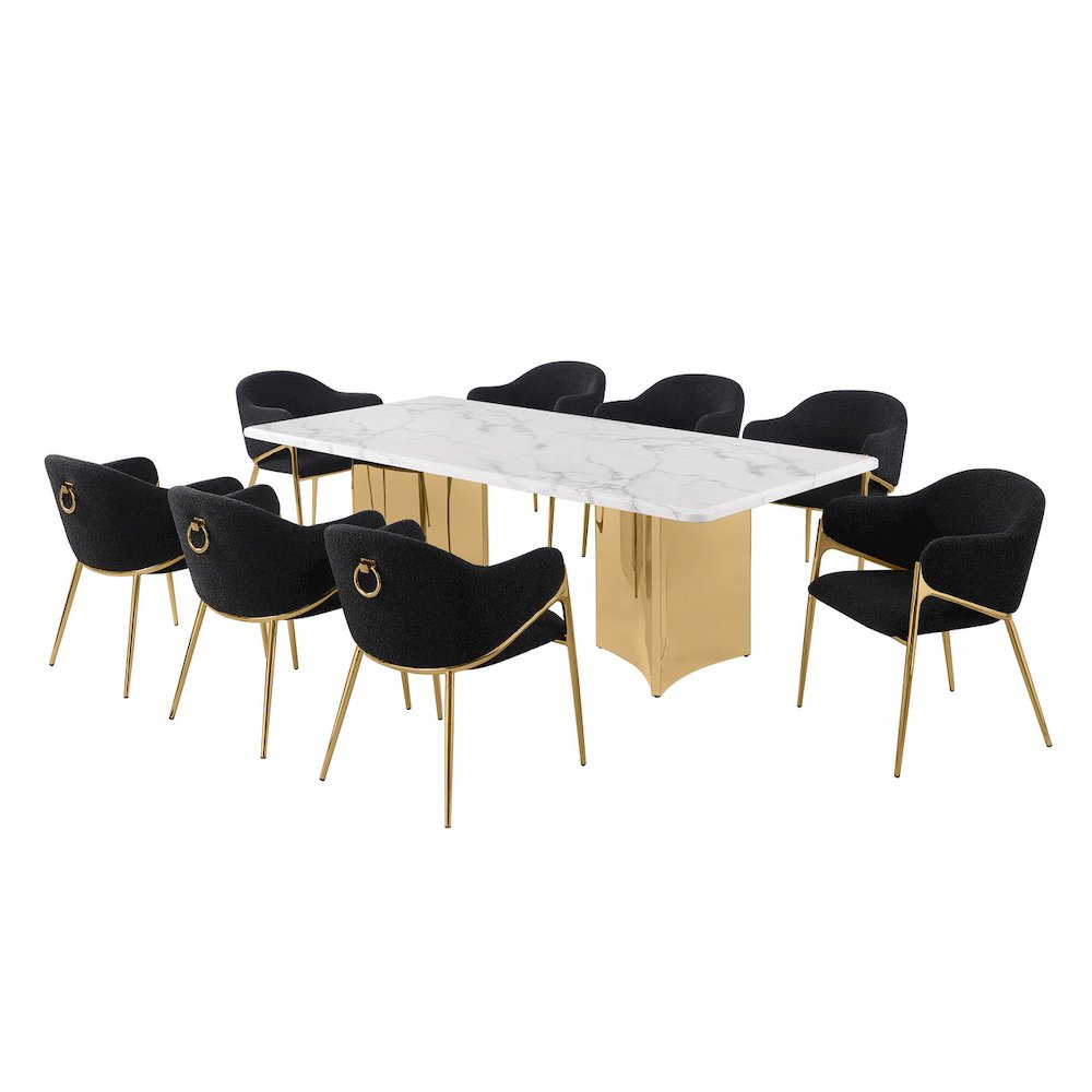 9pc Rectangular White Marble Top with 8 Black Boucle Fabric Chairs Gold Base