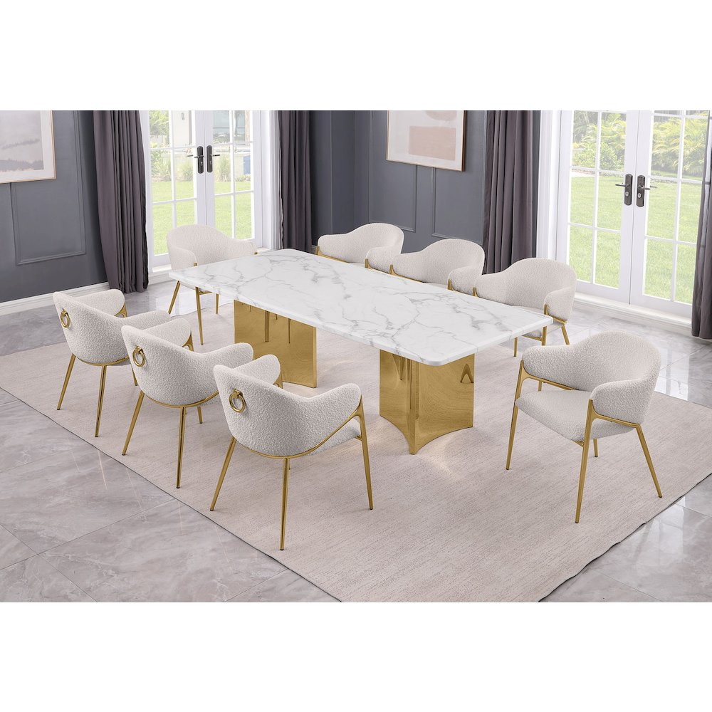 9pc Rectangular White Marble Top with 8 Cream Boucle Fabric Chairs Gold Base