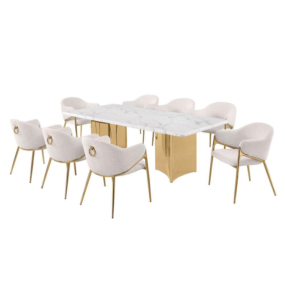 9pc Rectangular White Marble Top with 8 Cream Boucle Fabric Chairs Gold Base
