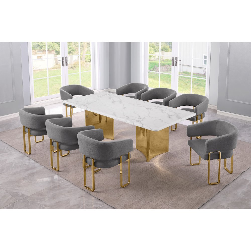 9pc Rectangular Dining Table Set with White Marble Top and Dark Gray Chairs