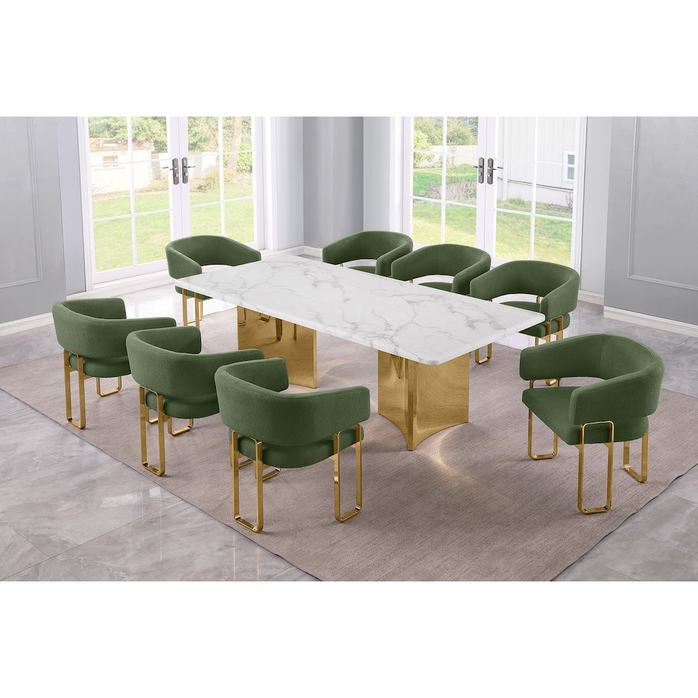 9pc Rectangular Dining Table Set with White Marble Top and Green Chairs