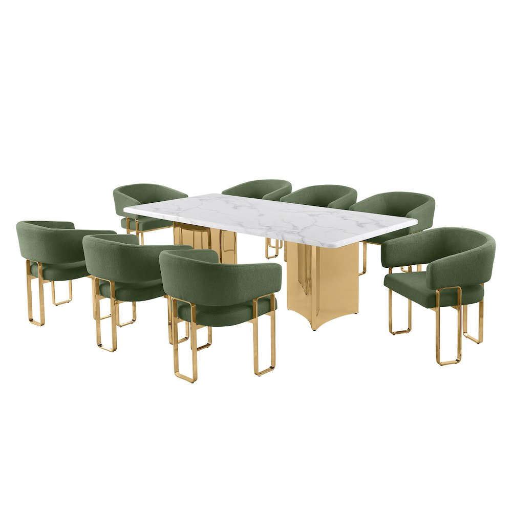 9pc Rectangular Dining Table Set with White Marble Top and Green Chairs