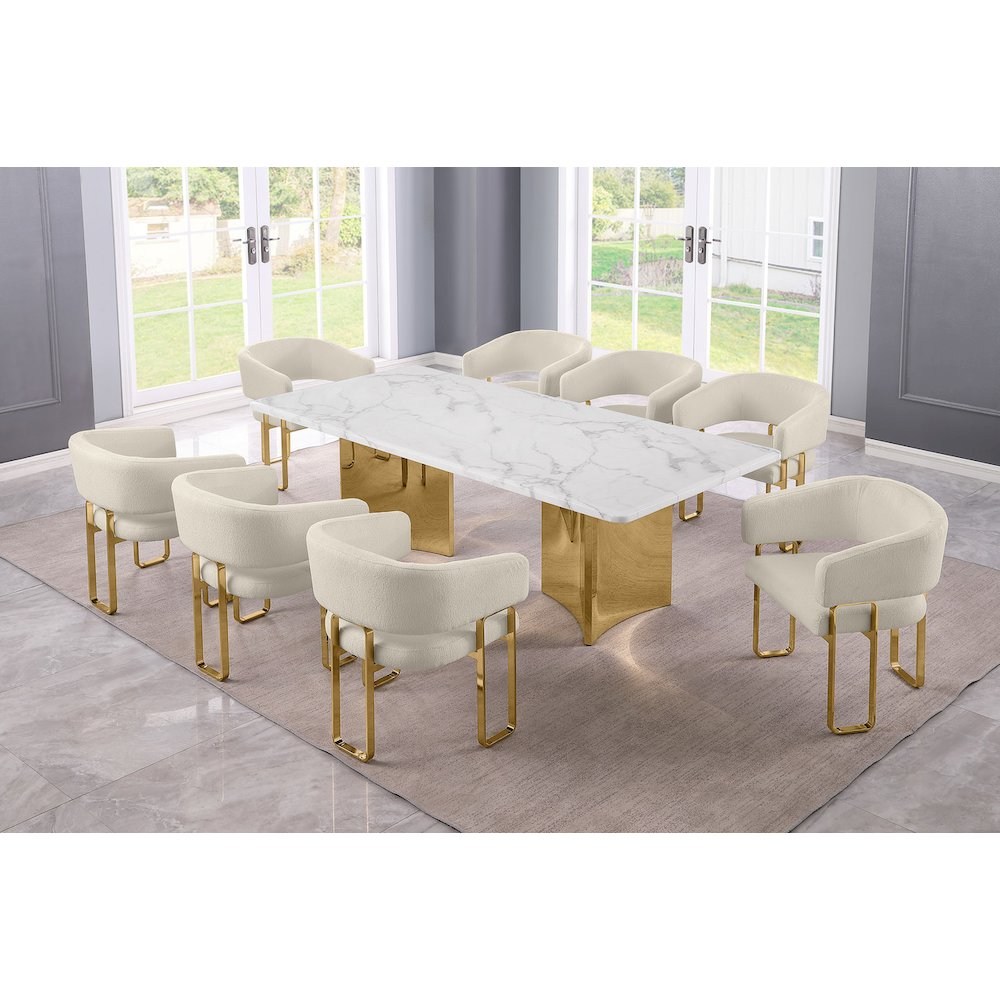9pc Rectangular Dining Table Set with White Marble Top and Cream Chairs