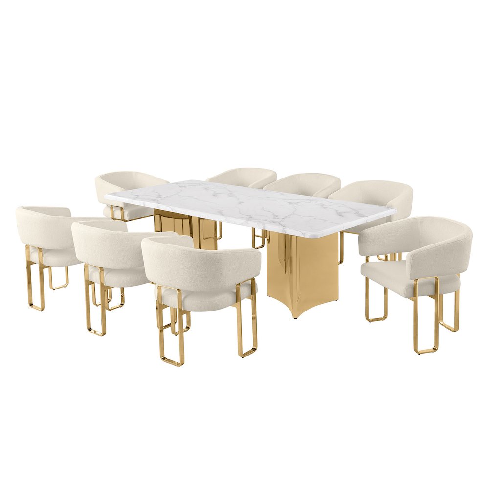 9pc Rectangular Dining Table Set with White Marble Top and Cream Chairs