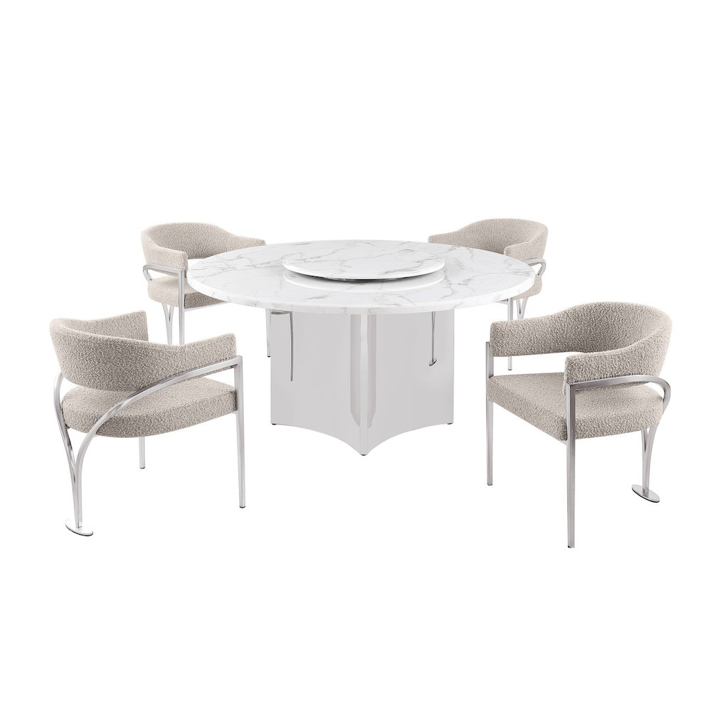 5pc Circle Marble Top With Lazy Susan and 4 Gray Chairs