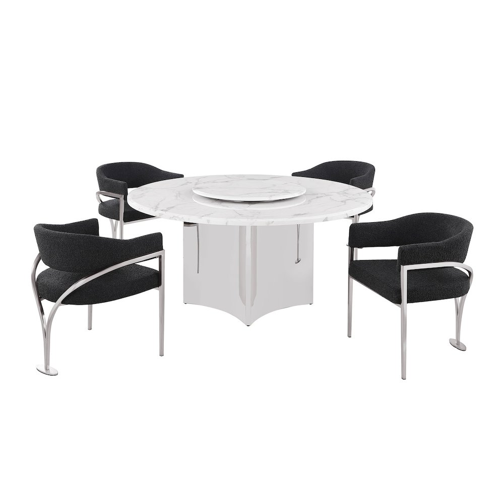 5pc Circle Marble Top With Lazy Susan and 4 Black Chairs