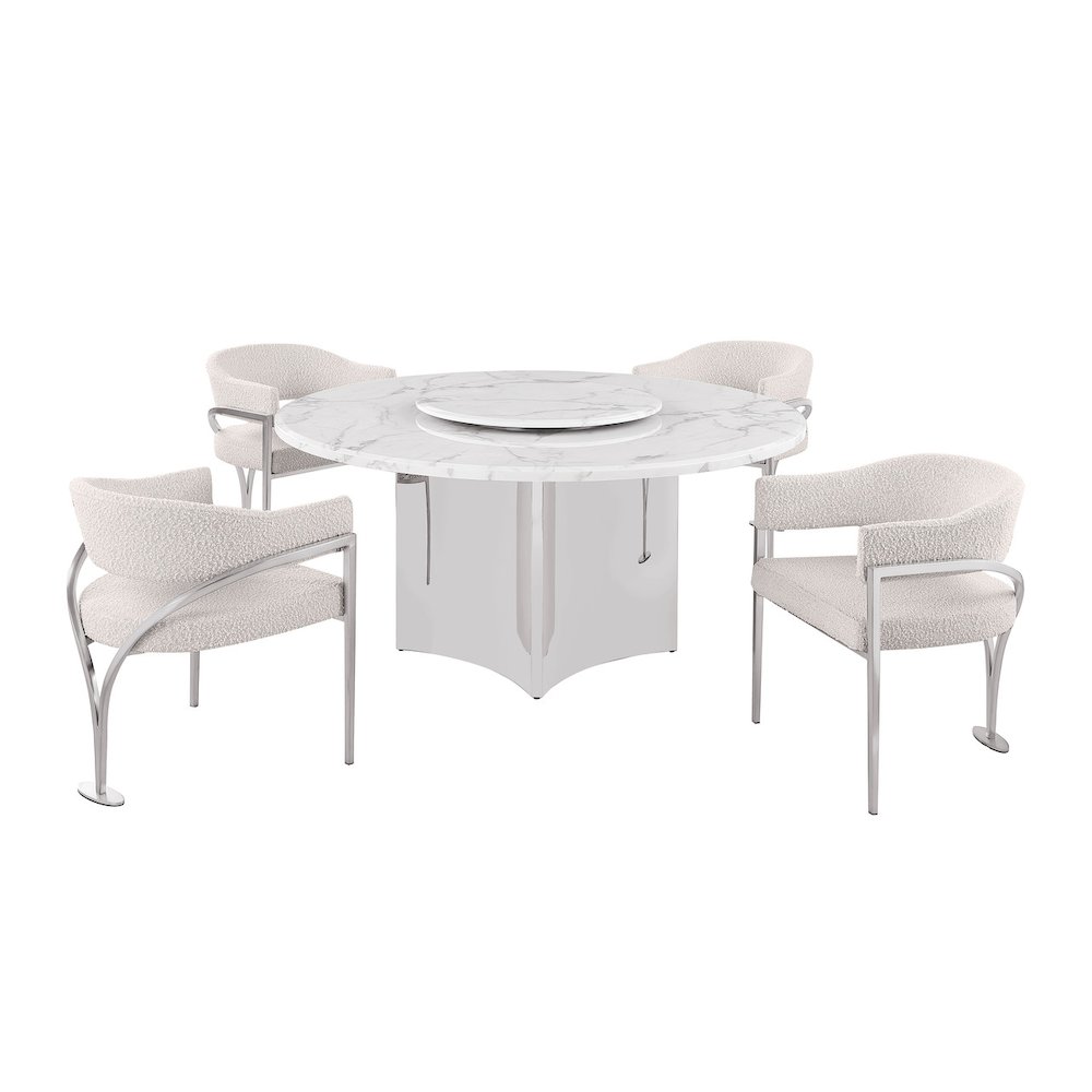 5pc Circle Marble Top With Lazy Susan and 4 Cream Chairs