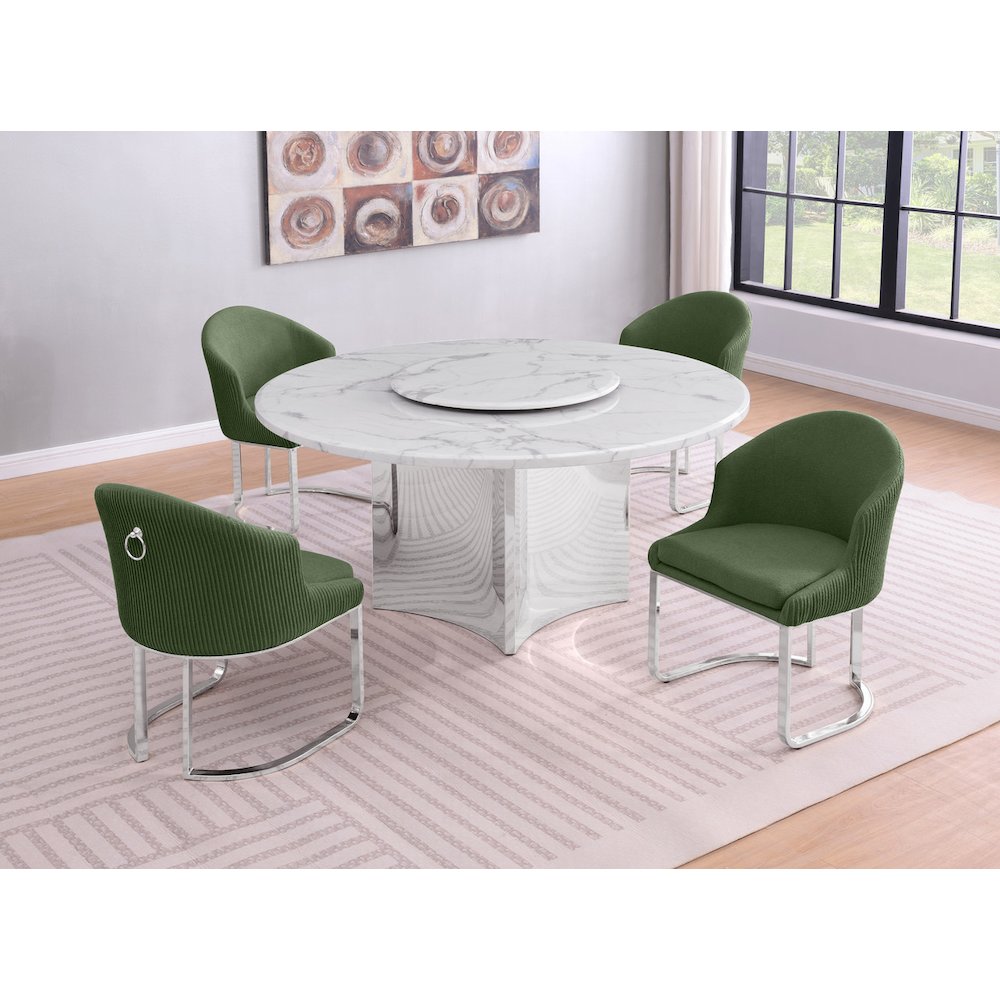 5pc Circle Marble Top With Lazy Susan and 4 Gray Chairs with Silver Base