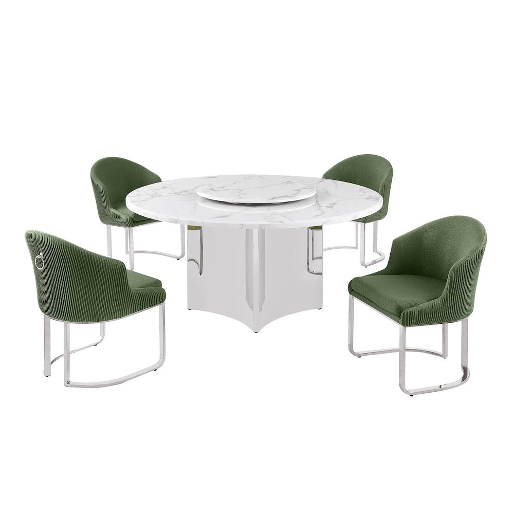 5pc Circle Marble Top With Lazy Susan and 4 Gray Chairs with Silver Base