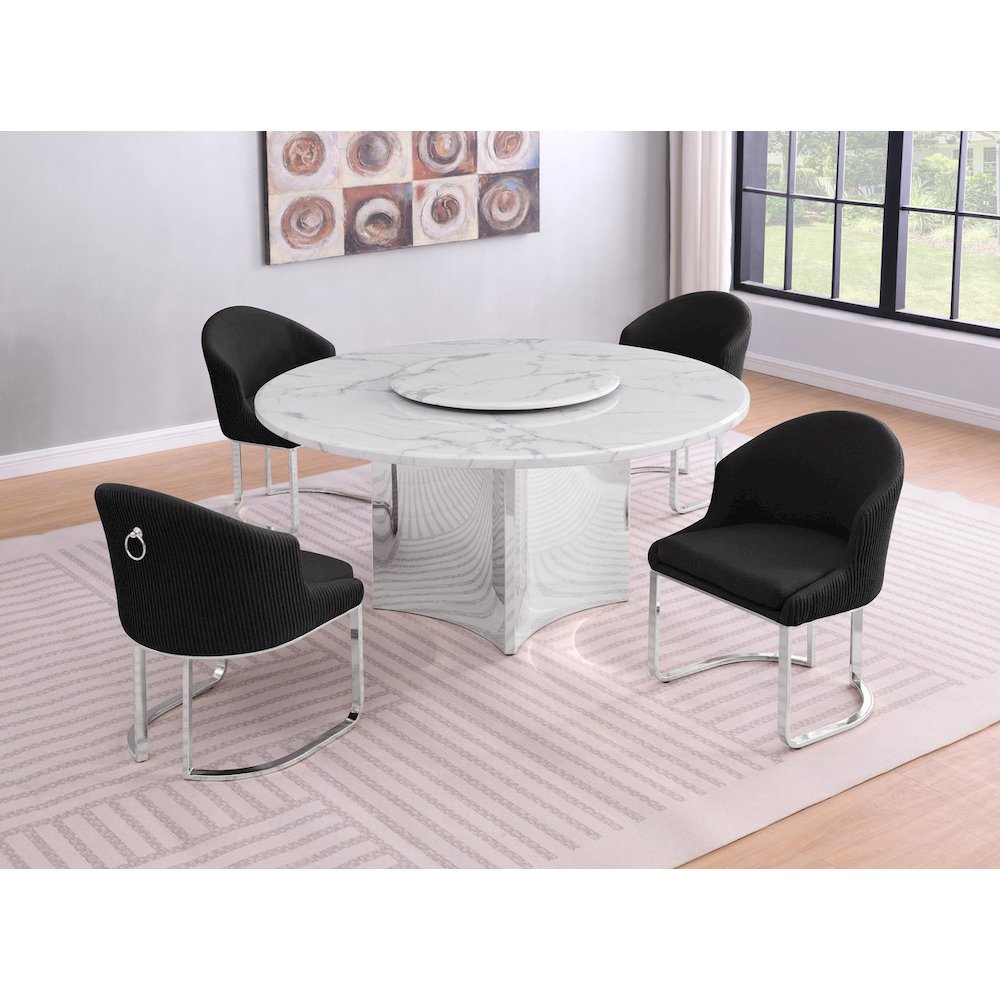 5pc Circle Marble Top With Lazy Susan and 4 Black with Silver Chairs