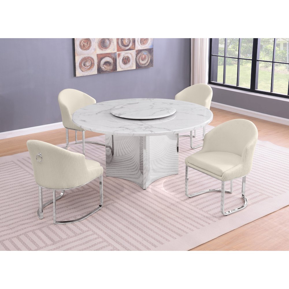 5pc Circle Marble Top With Lazy Susan and 4 Cream Chairs with Silver Base
