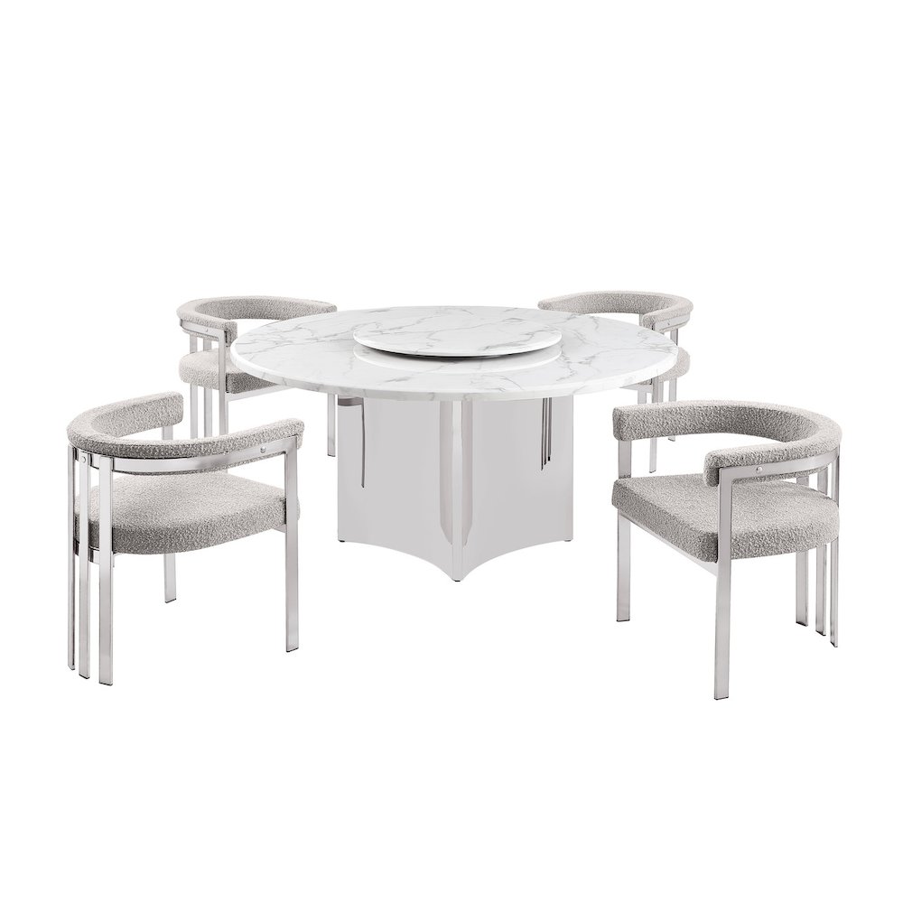 5pc Circle Marble Top With Lazy Susan and 4 Rich Gray Chairs