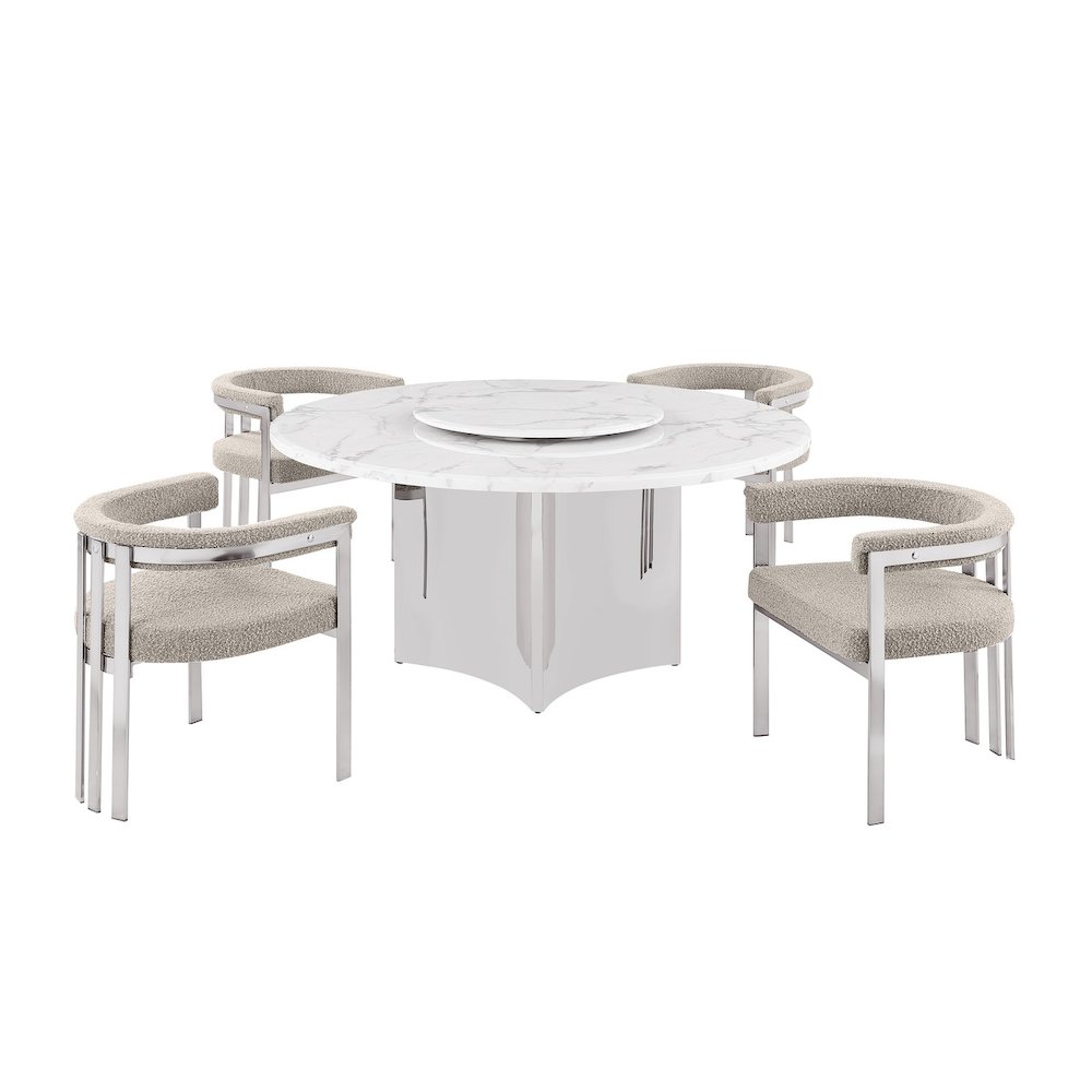 5pc Circle Marble Top With Lazy Susan and 4 Gray Chairs