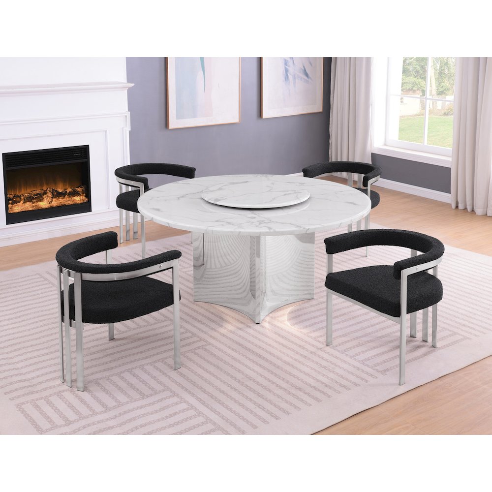 5pc Circle Marble Top With Lazy Susan and 4 Black Chairs