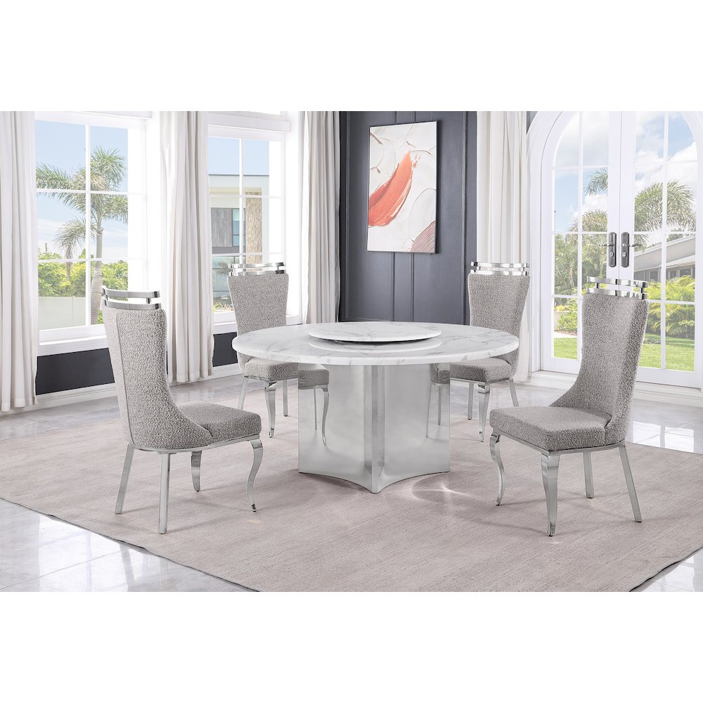 5pc Circle Marble Top With Lazy Susan and 4 Rich Gray Chairs with Silver Base
